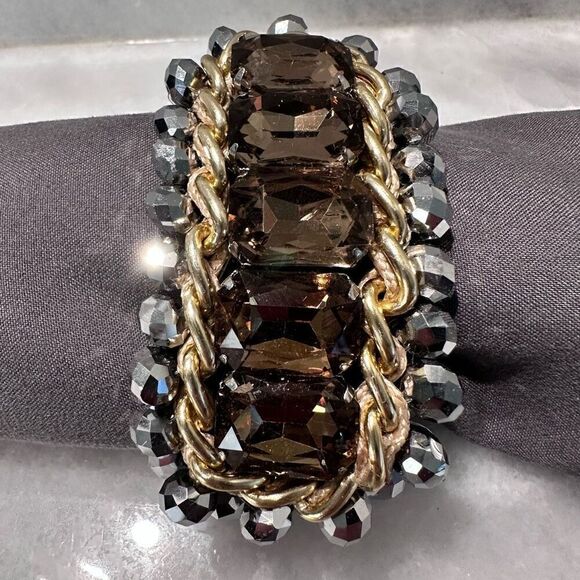 Womens Bold Crystal Rhinestones Amber Silver Elastic Cuff Bracelet - Picture 2 of 4